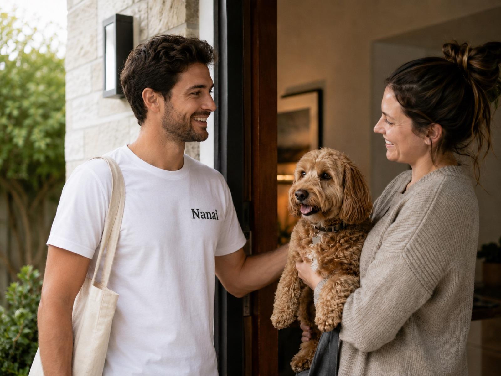 Cuidador Nanai saludando a una tutora con su mascota